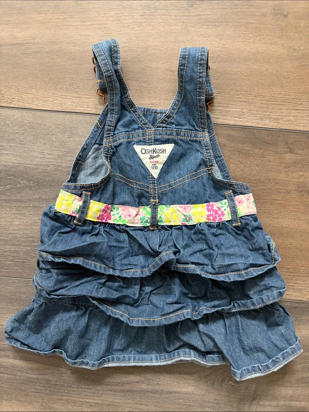 OshKosh B'gosh Blue Denim Ruffle Overall Dress with Floral Belt